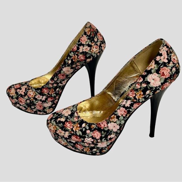 Beautiful Floral Platform Stiletto High Heels Roses Pink Black 5 inch Pumps Cute - Picture 3 of 7